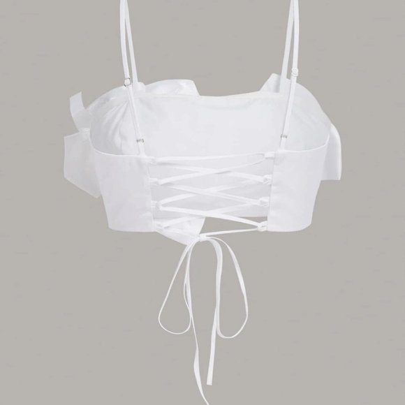 White Boho Womens Flower Decor Lace Up Back Cami Top - Picture 2 of 4